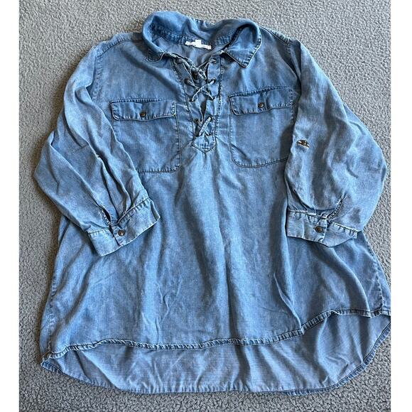 Jane and Delancey Top 2X Chambray Long Sleeve Lace Up Blue Blouse Western - Picture 1 of 13